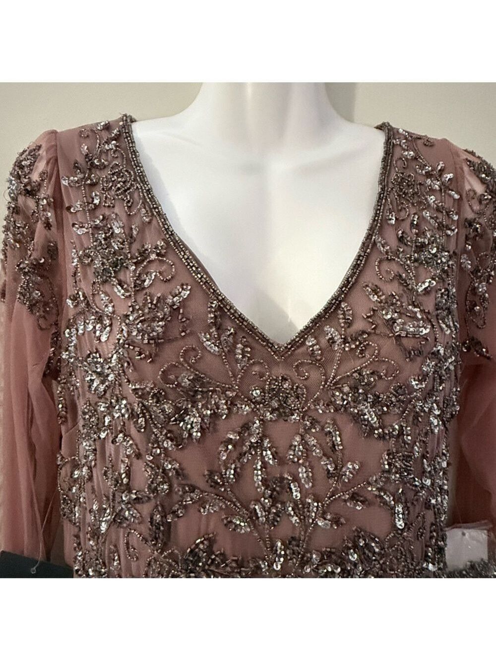 Pisarro Nights Beaded V-Neck Maxi Dress Size 8 | Rose Taupe Formal Gown - Picture 4 of 14
